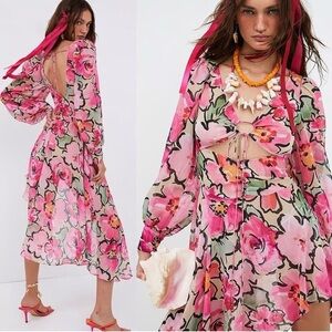 NWT For Love & Lemons Tiana Printed Flowy Ruffles Sheer Tie Front Midi Dress - S